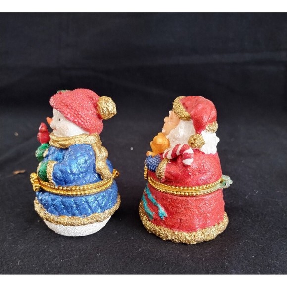 Pair Glittery Enamel Christmas Trinket Box with Clasp Santa Snowman W/Cardinal - Picture 6 of 9